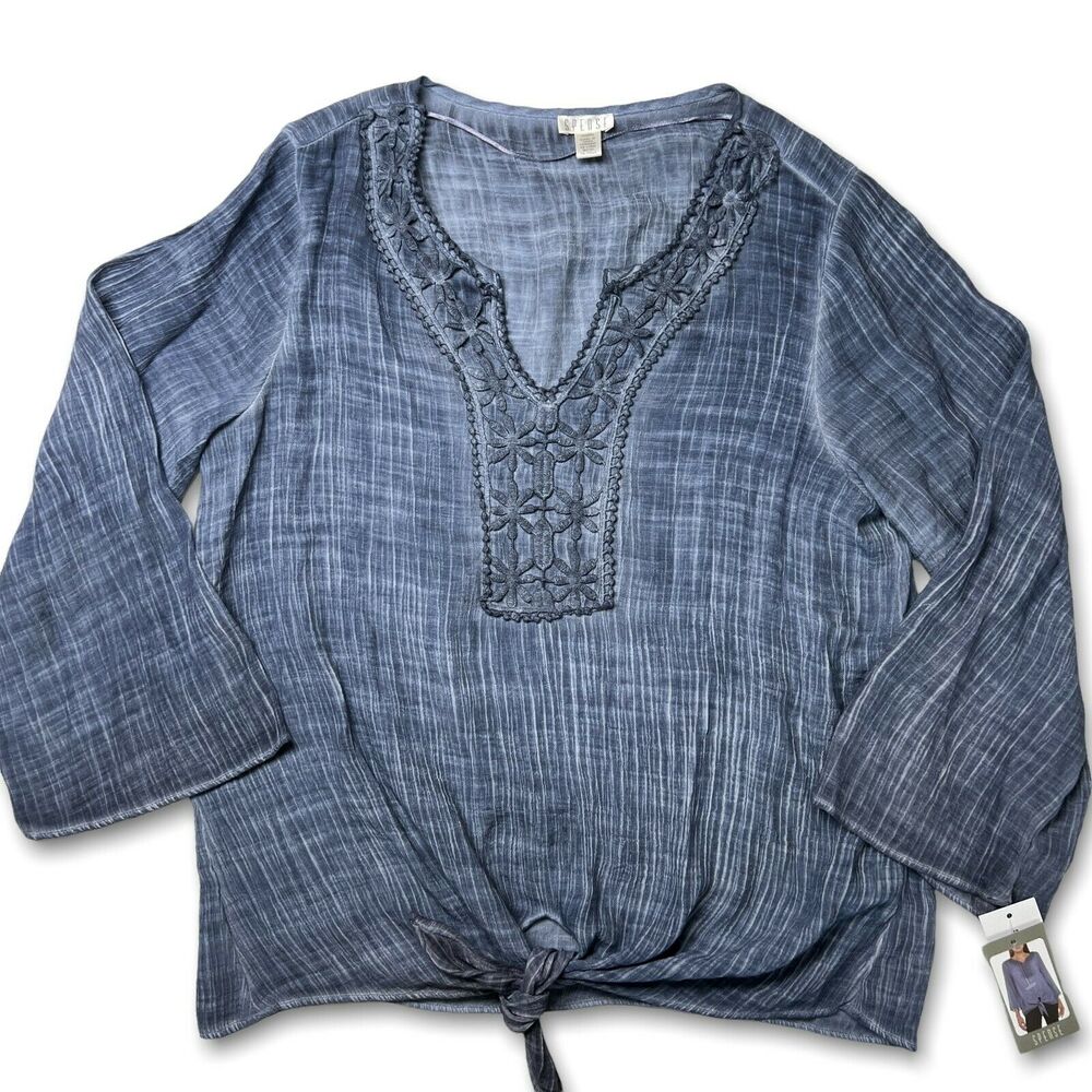Spense Floral Embroidered Blouse SIZE M Blue Chambray Front Tie Top NWT